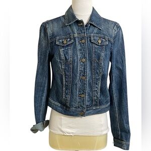 MAISON JULES Womens Blue Washed Denim Classic Cropped Fitted Jean Jacket